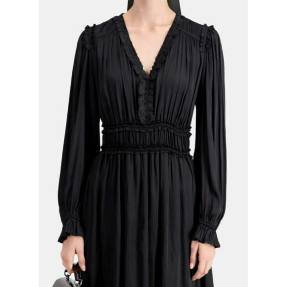 The Kooples $385 Black Long-Sleeve Midi Dress Smocked Waist Size M NWT - Picture 3 of 9